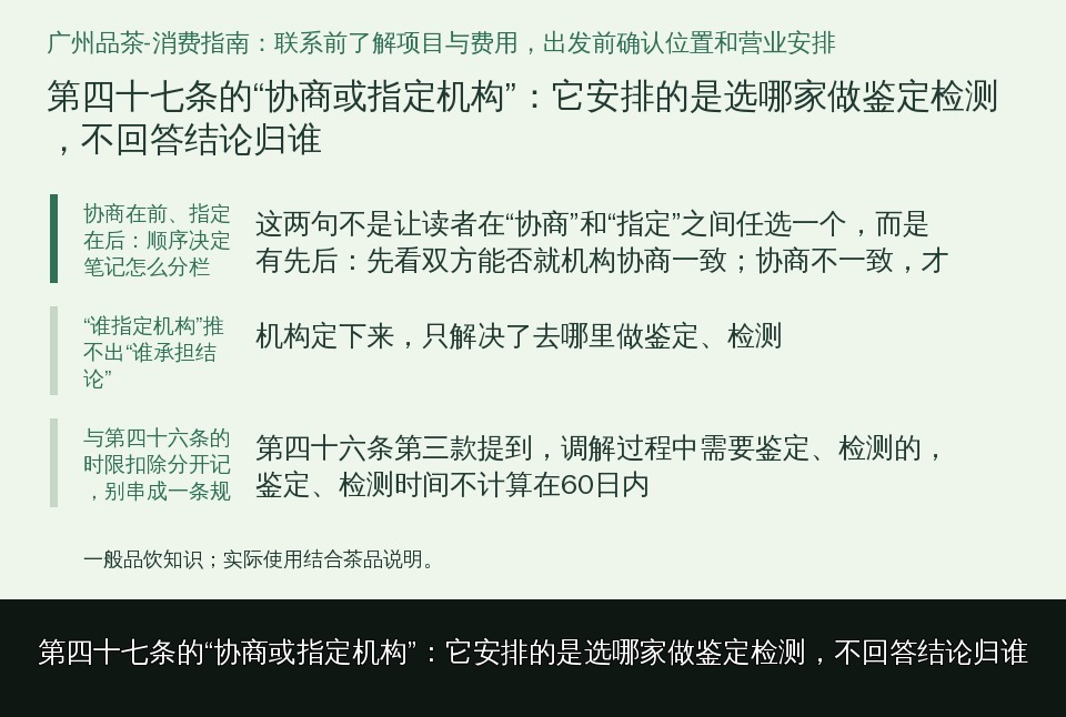 第四十七条的“协商或指定机构”：它安排的是选哪家做鉴定检测，不回答结论归谁的知识要点示意图